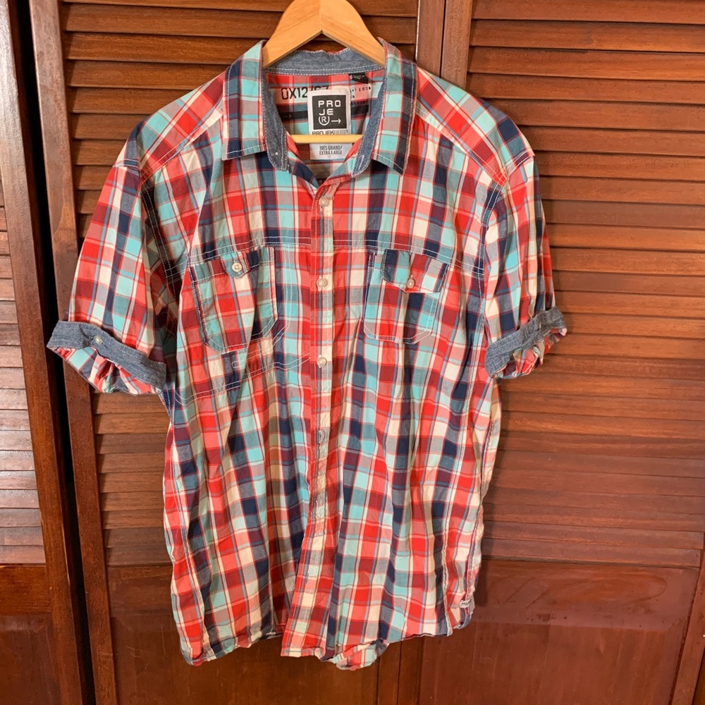 PROJEK RAW Men’s Multicolor Plaid Collared Short Sleeves Button-Up Shirts XL